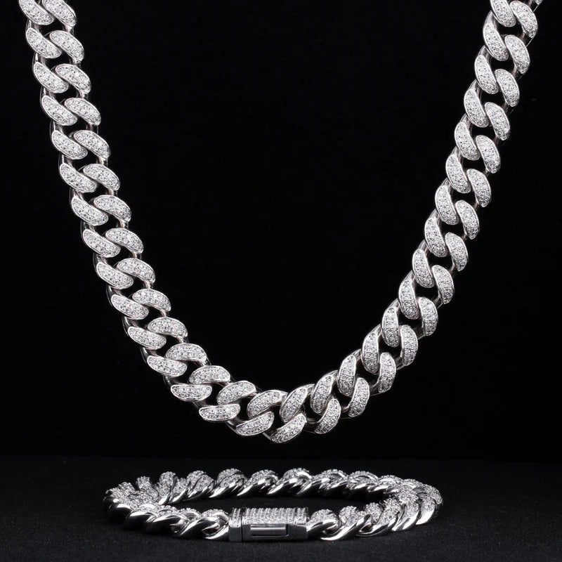 12mm Iced Cuban Chain & Bracelet Set (Silver)