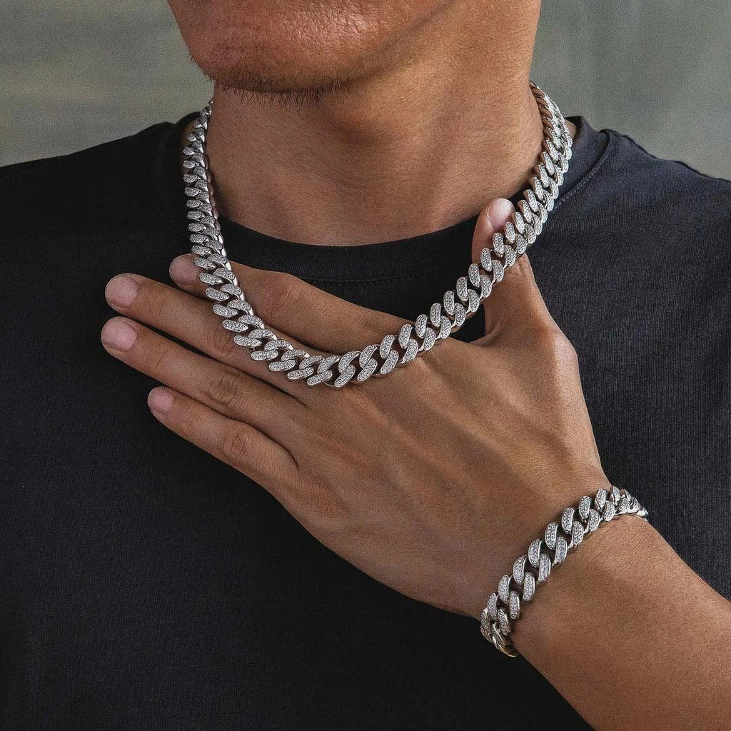 12mm Iced Cuban Chain & Bracelet Set (Silver)