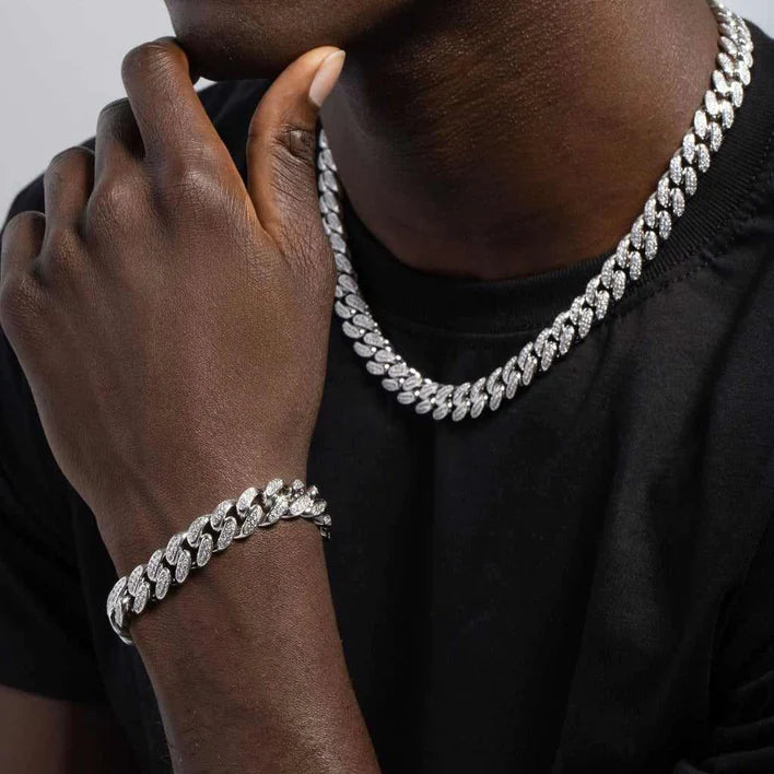 12mm Iced Cuban Chain & Bracelet Set (Silver)